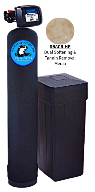 A black water softener system with a cylindrical tank, digital control panel, and a square salt storage tank.