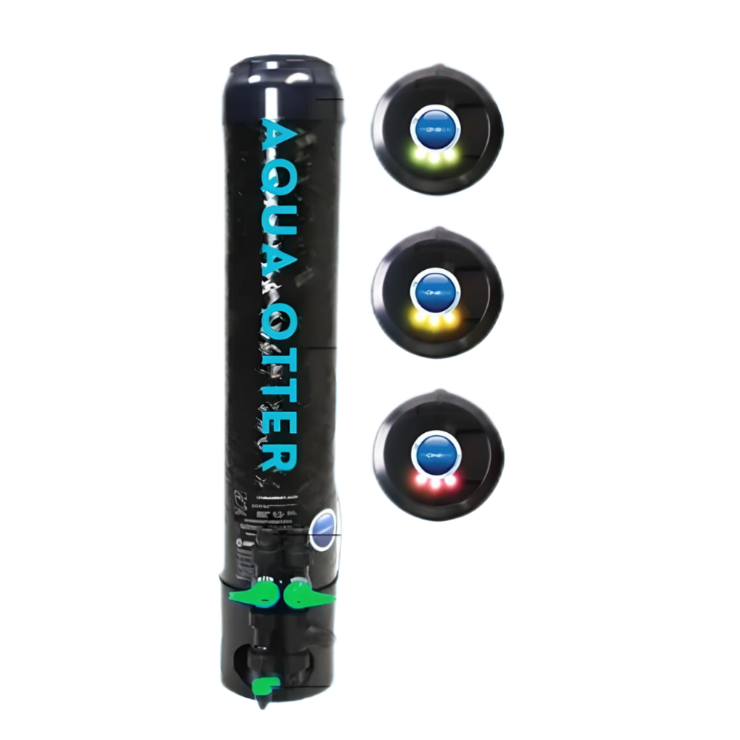 Black Aqua Otter water filter with three light indicators showing green, yellow, and red.