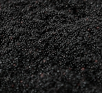 Black caviar, close-up view. Small, dark, round eggs densely packed.