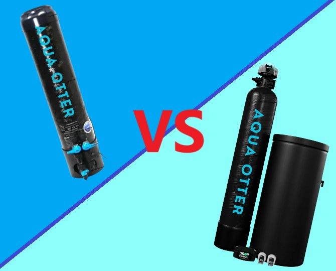 Two Aqua Otter water filtration systems, one a single unit, the other with an attached tank, on a blue and teal background.