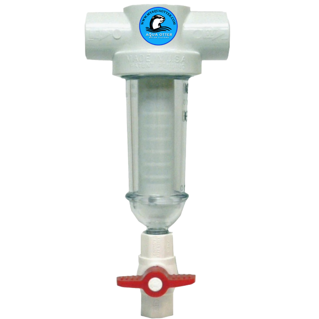 White PVC water filter with clear housing, a blue logo, and a red valve.