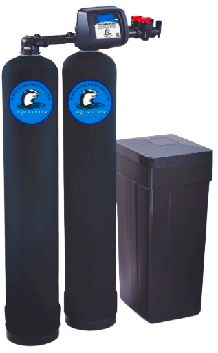 Water filtration system with two black tanks, a control unit, and a black salt tank.