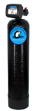 Black water softener with a digital display and blue logo on the tank.