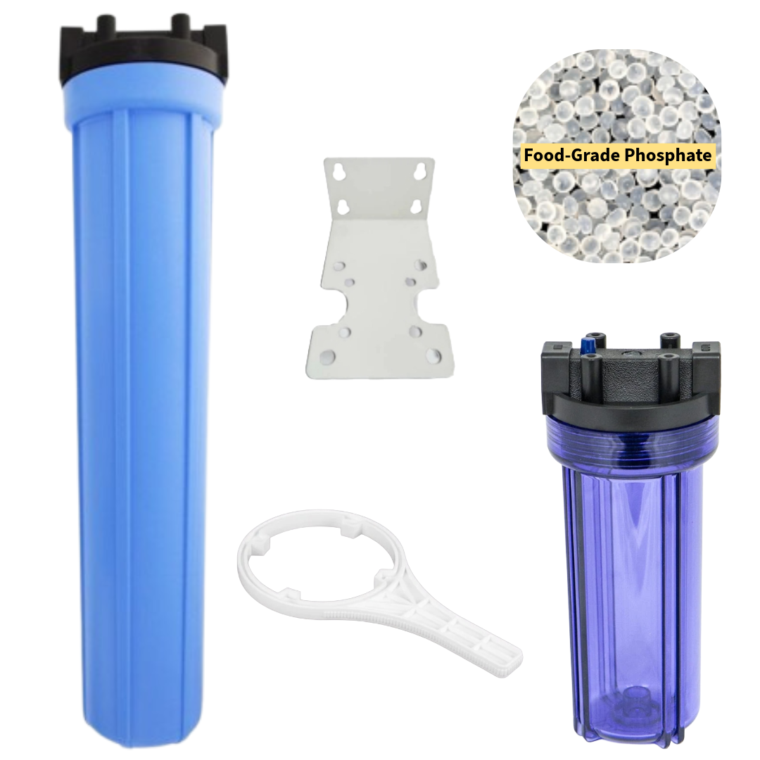 Blue and clear water filter housings, phosphate beads, bracket, and wrench for water filtration.