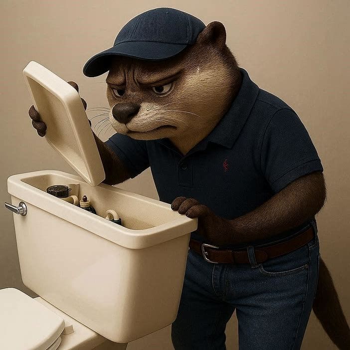 Otter plumber in blue uniform, examining toilet tank components with a concerned expression.