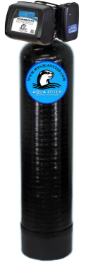 Black water softener with digital display on top, blue logo in center.