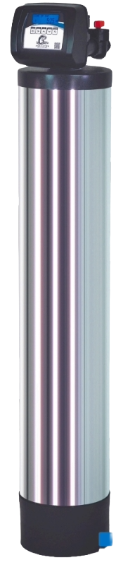 Water filtration system, tall cylindrical silver tank with digital display on top.