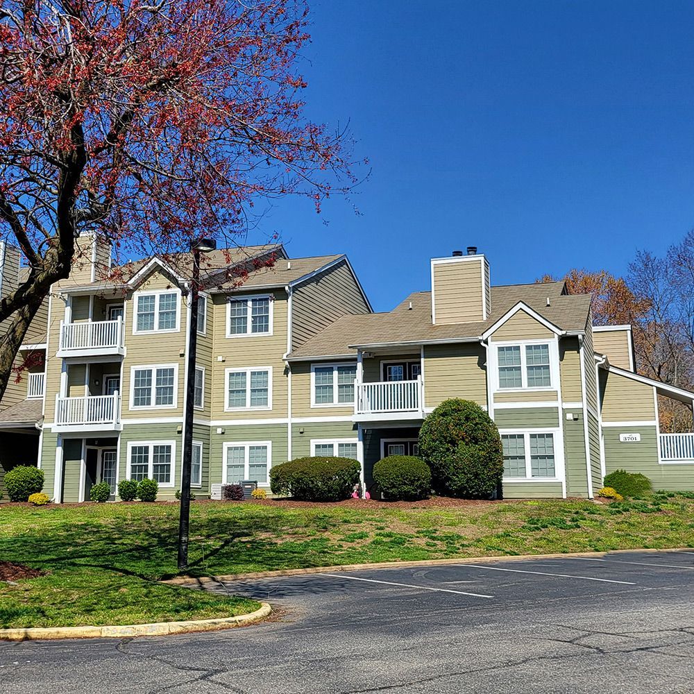 Apartment complex with balconies, olive green siding, and a red tree under a clear blue sky.