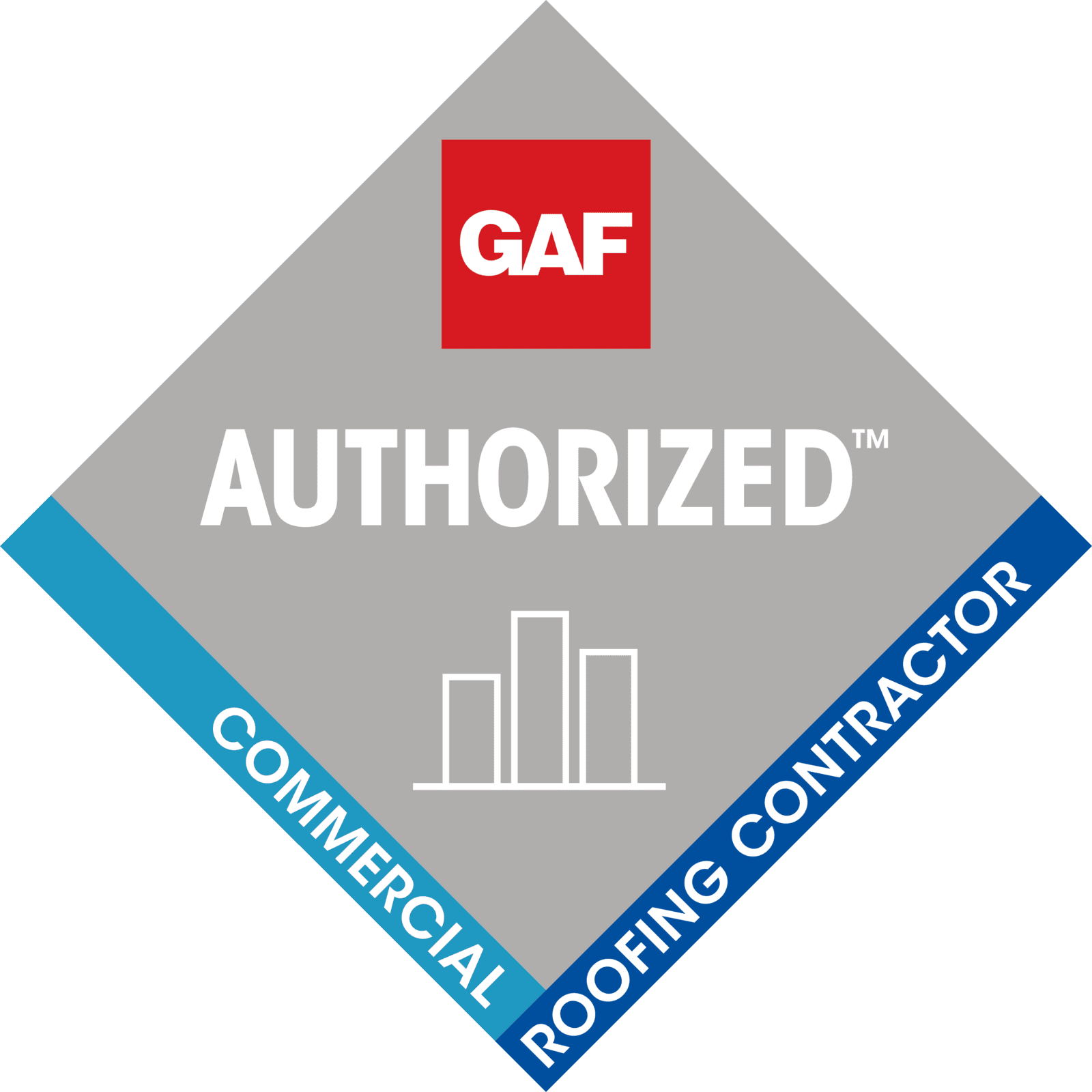 GAF Authorized Commercial Roofing Contractor emblem. Gray diamond with red top box. Blue and white text.