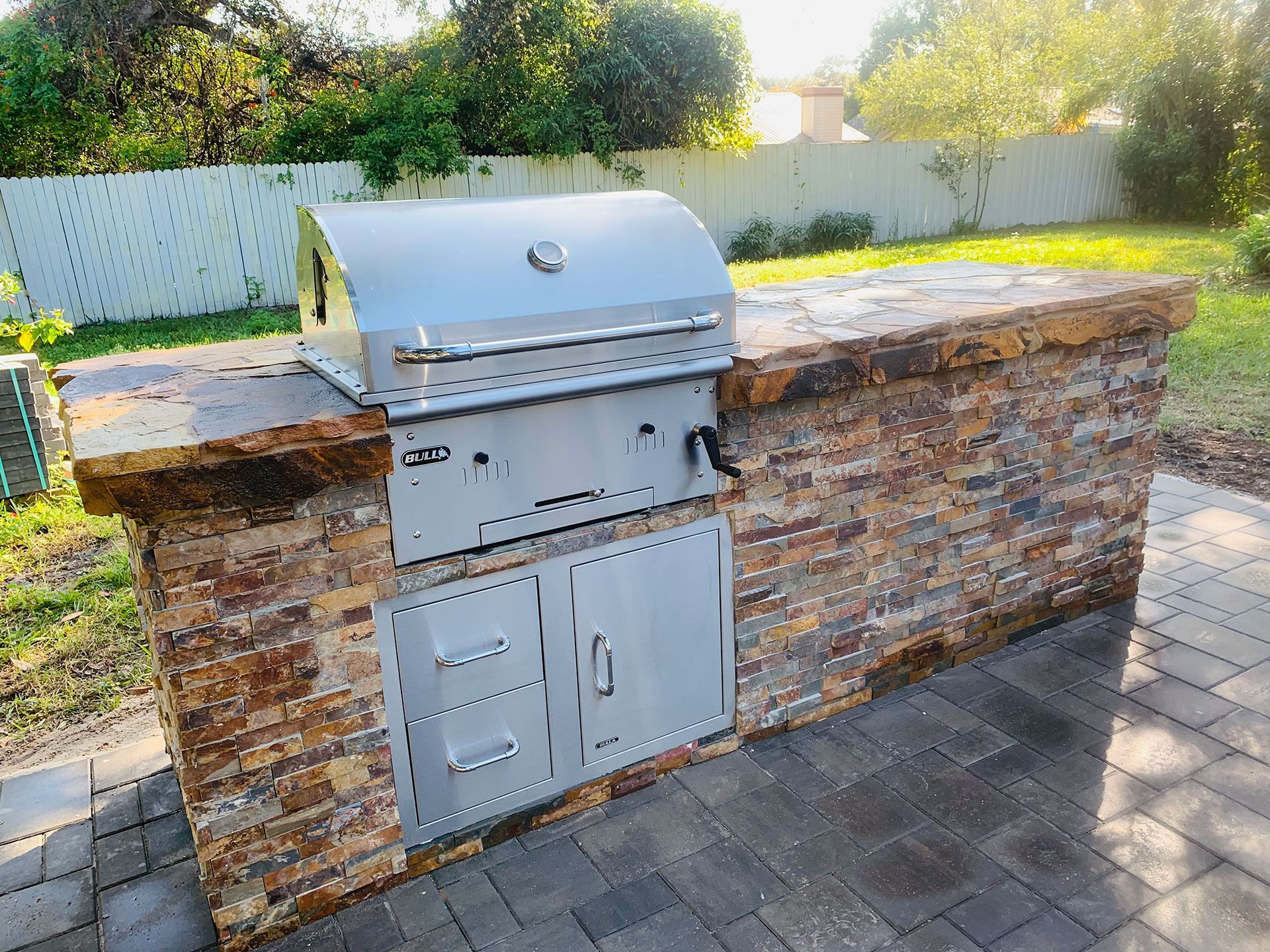grill and a stone counter