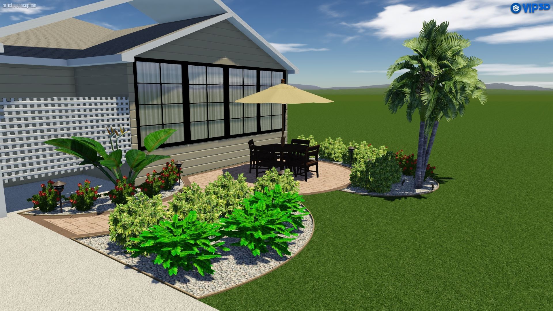 3D render of a patio with landscaping around