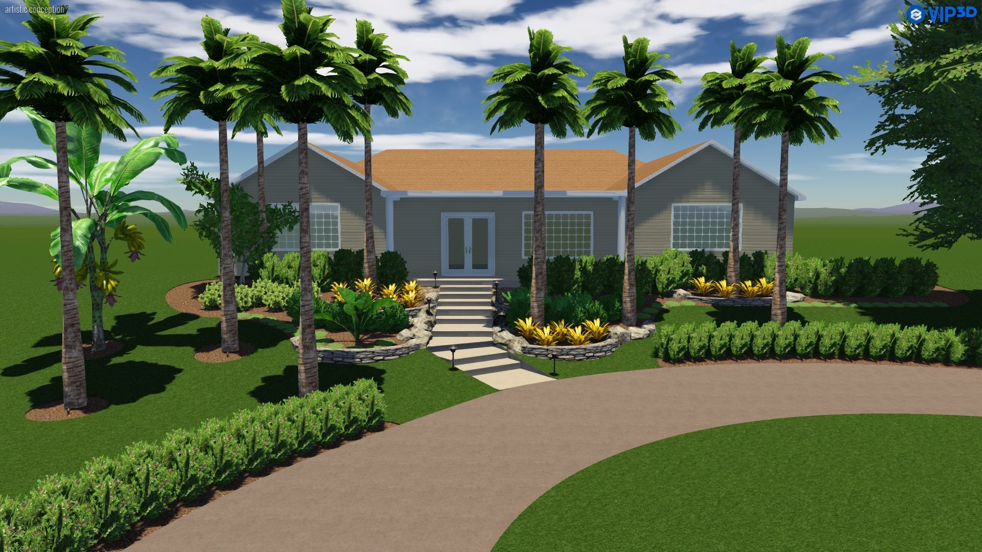 3D render of the front of a bungalow with palm trees