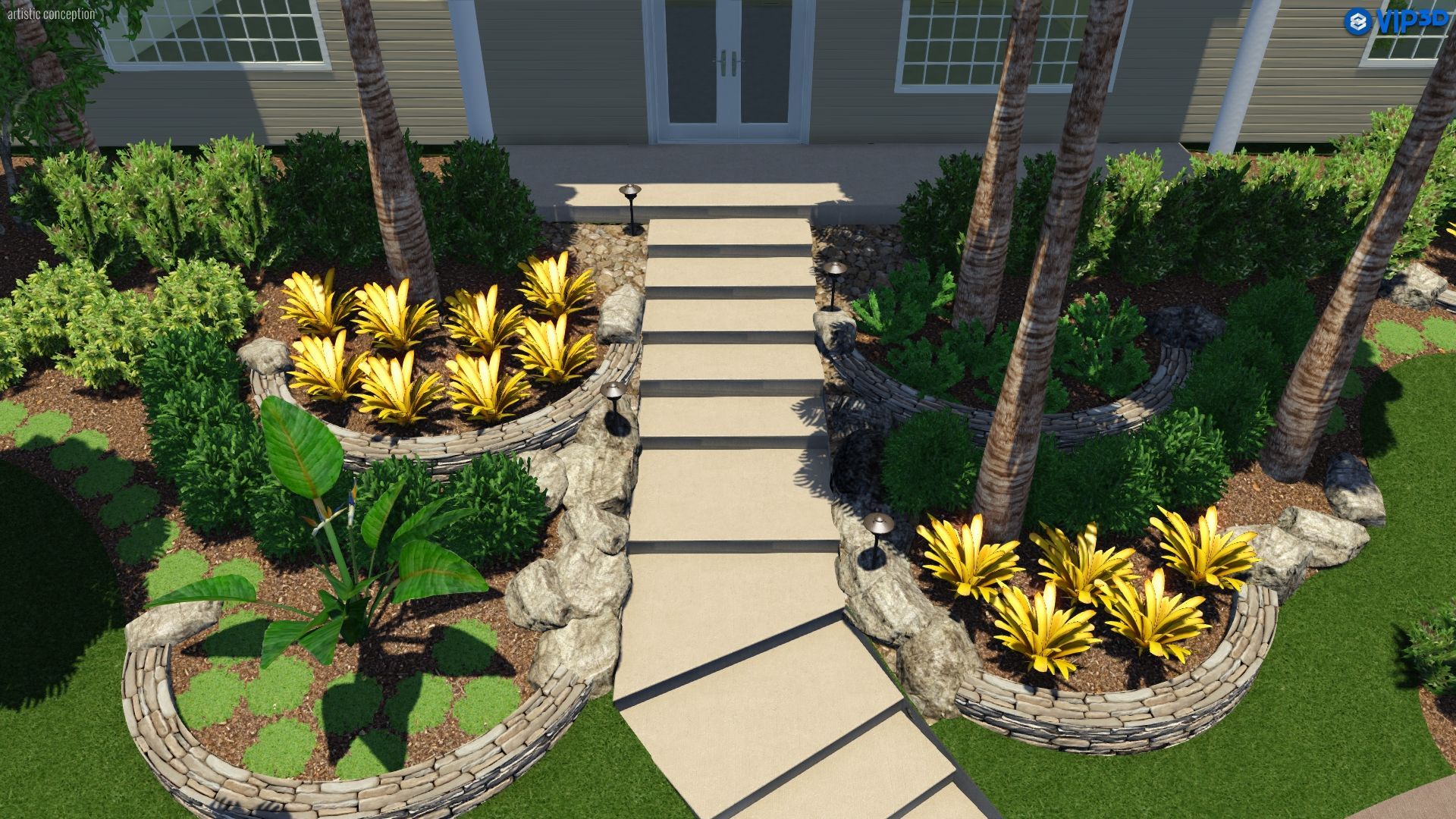 3D render of landscaping by the steps leading to a house