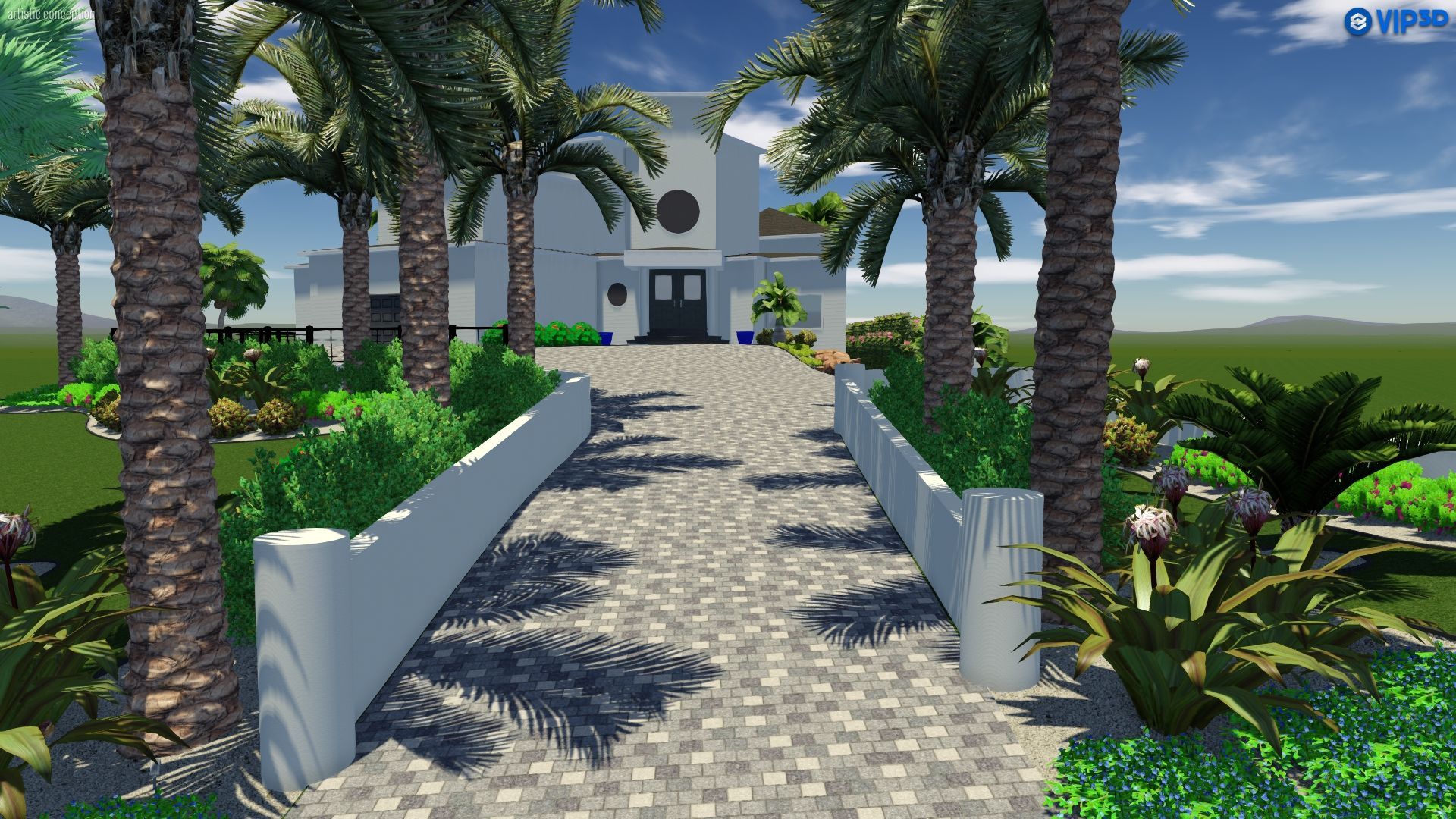 3D render of a driveway lined with palm trees