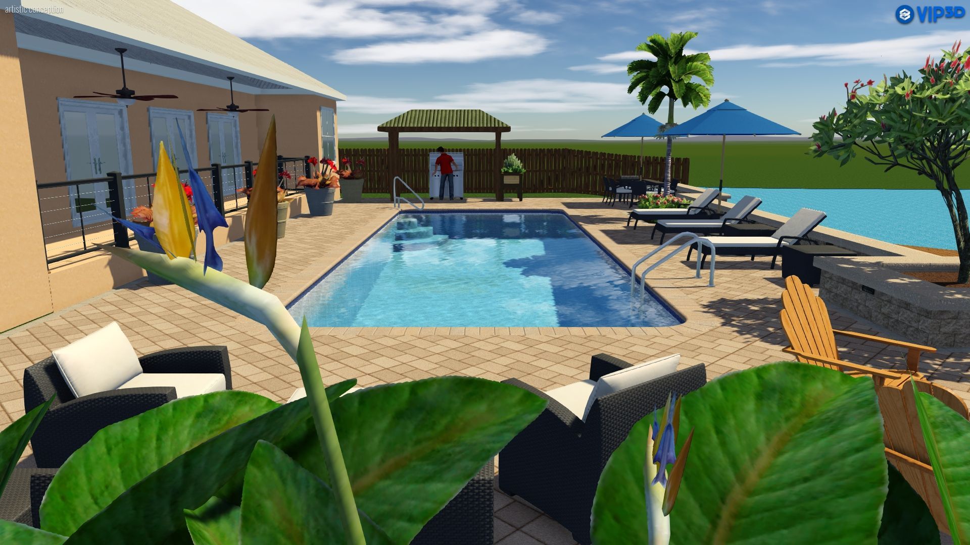3D render of a pool with plants around