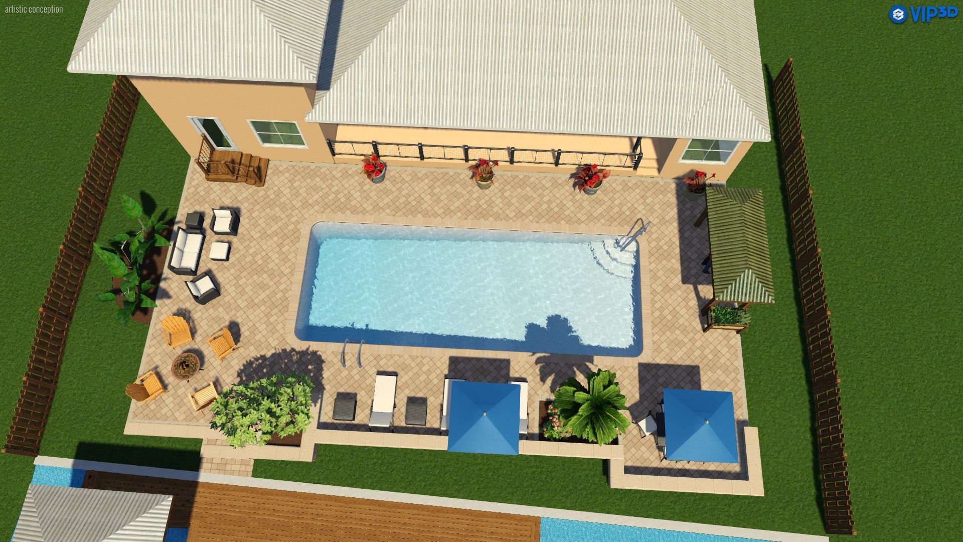3D render of the top view of a pool area
