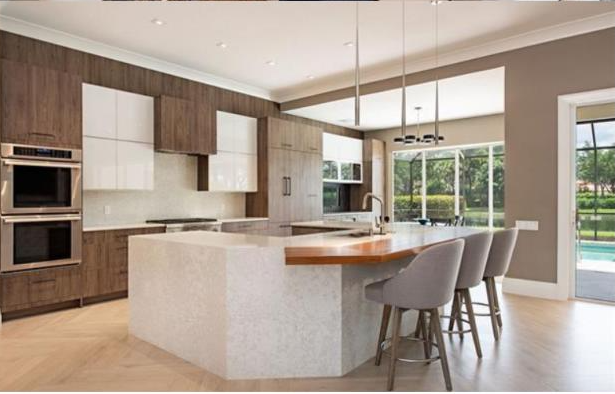 A kitchen with a large island and stools