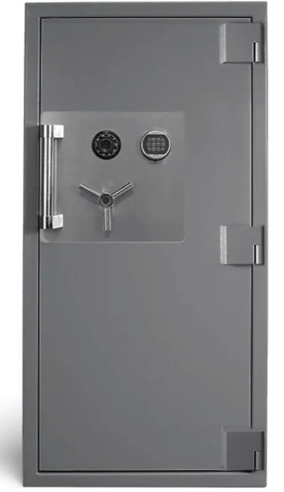 Gray metal safe door with handle, hinges, and combination lock on a plain background