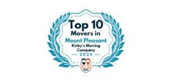 Top 10 Movers in Mount Pleasant, Kirby’s Moving Company 2024 award logo in teal with laurel wreath