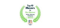 “Top 10 Movers in Des Moines” laurel badge, 2022, with a small owl logo on white background