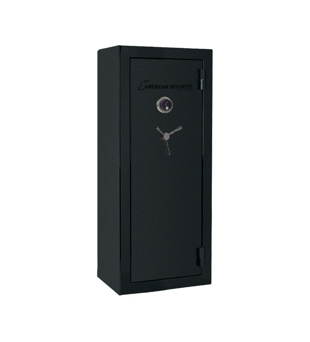 Black metal gun safe with a combination lock on a white background