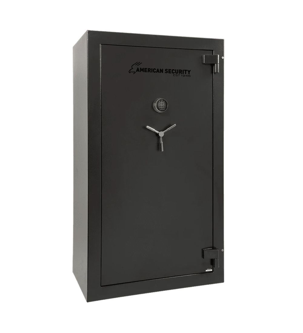 Black metal gun safe with a silver handle and lock on a white background