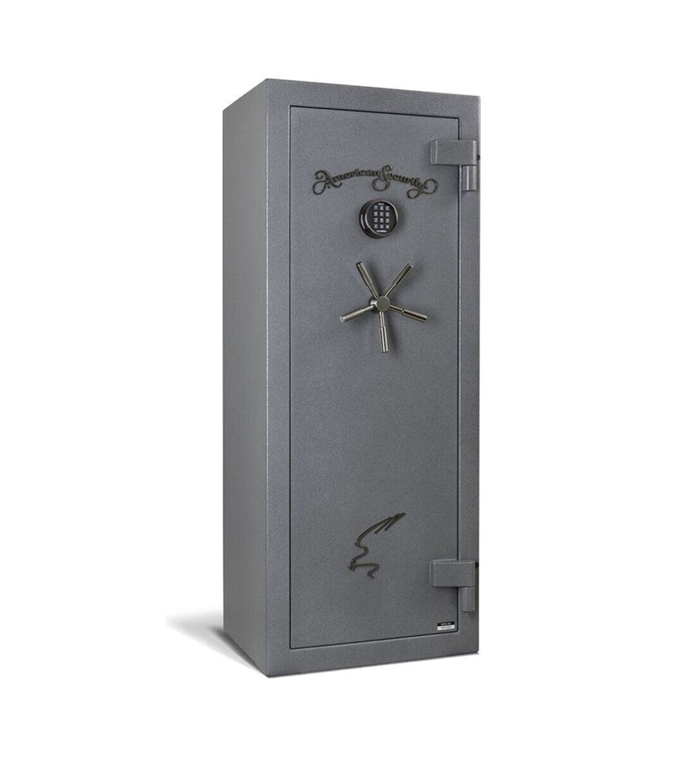 Gray metal security safe with a keypad and handle, shown closed on a white background