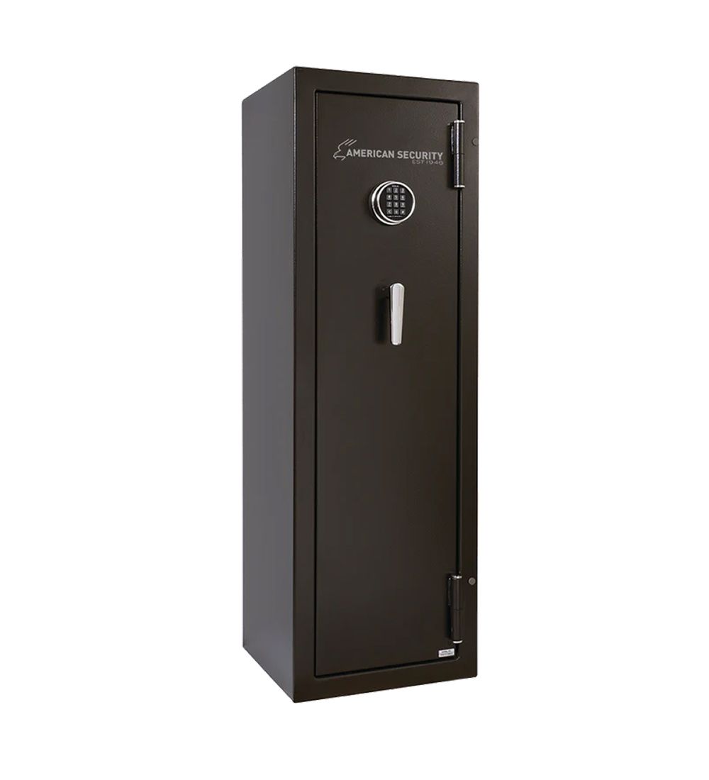 Brown gun safe with a combination lock and handle, shown front view on a white background