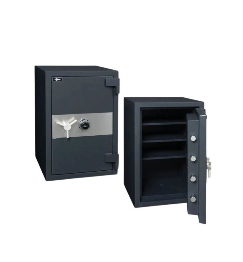 Black security safe, one closed and one open showing shelves and door bolts.