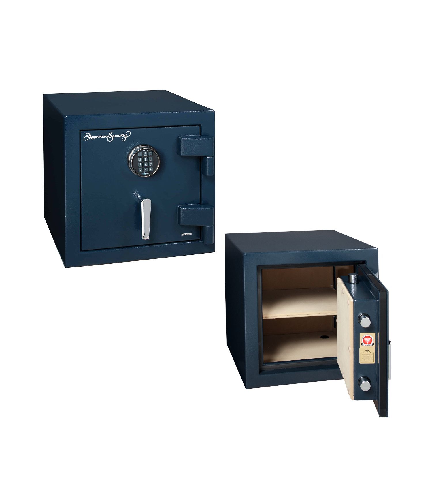 Small dark blue safe shown closed and open, revealing interior shelves and a door with keypad lock.