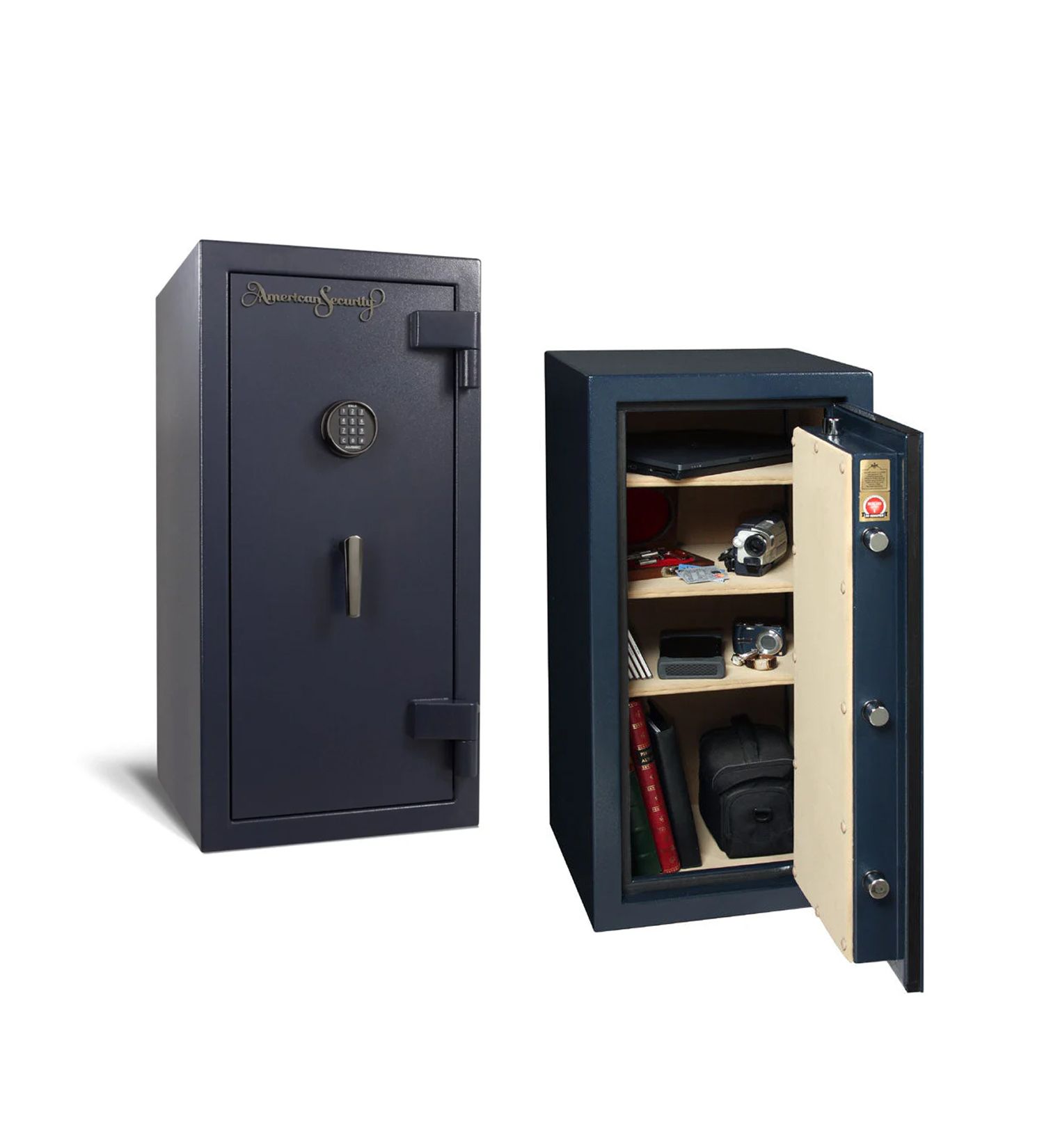 Two dark gray safes, one closed and one open showing shelves with valuables inside