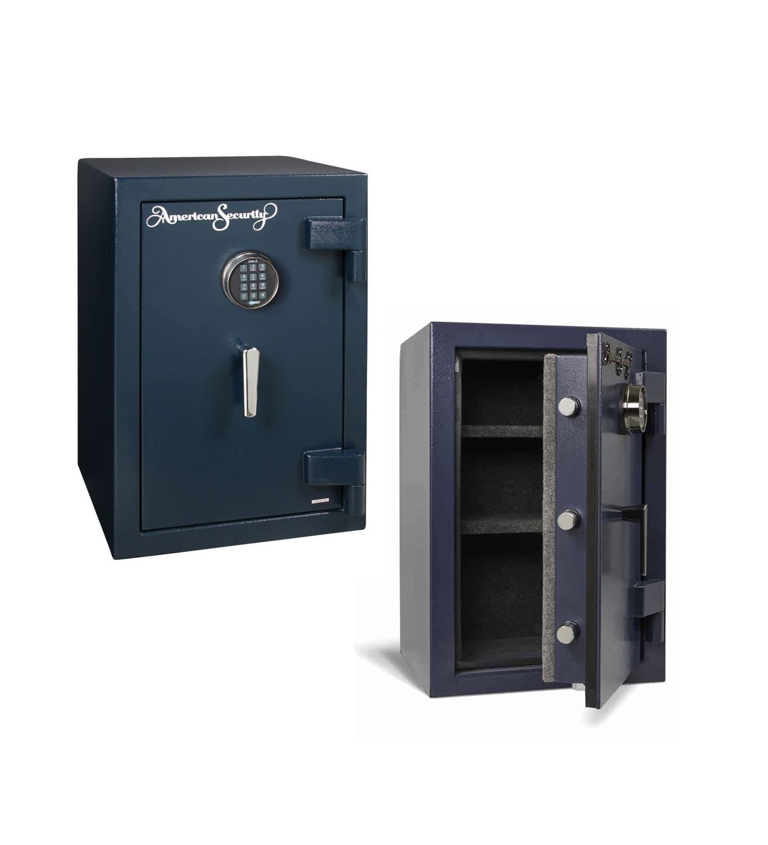 Two dark blue safes, one closed and one open showing interior shelves and door bolts