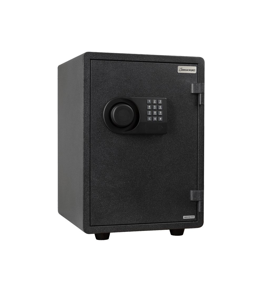 Black steel safe with digital keypad and handle, shown against a white background
