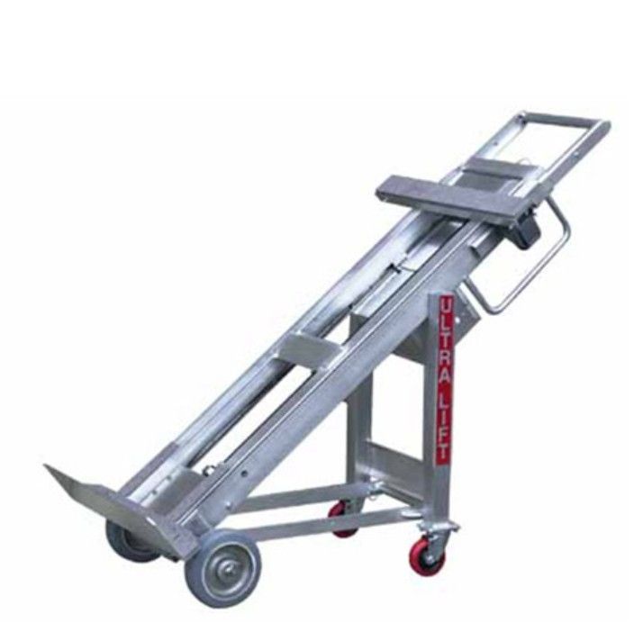 Silver hand truck stair climber with red wheels and folding frame, angled on white background