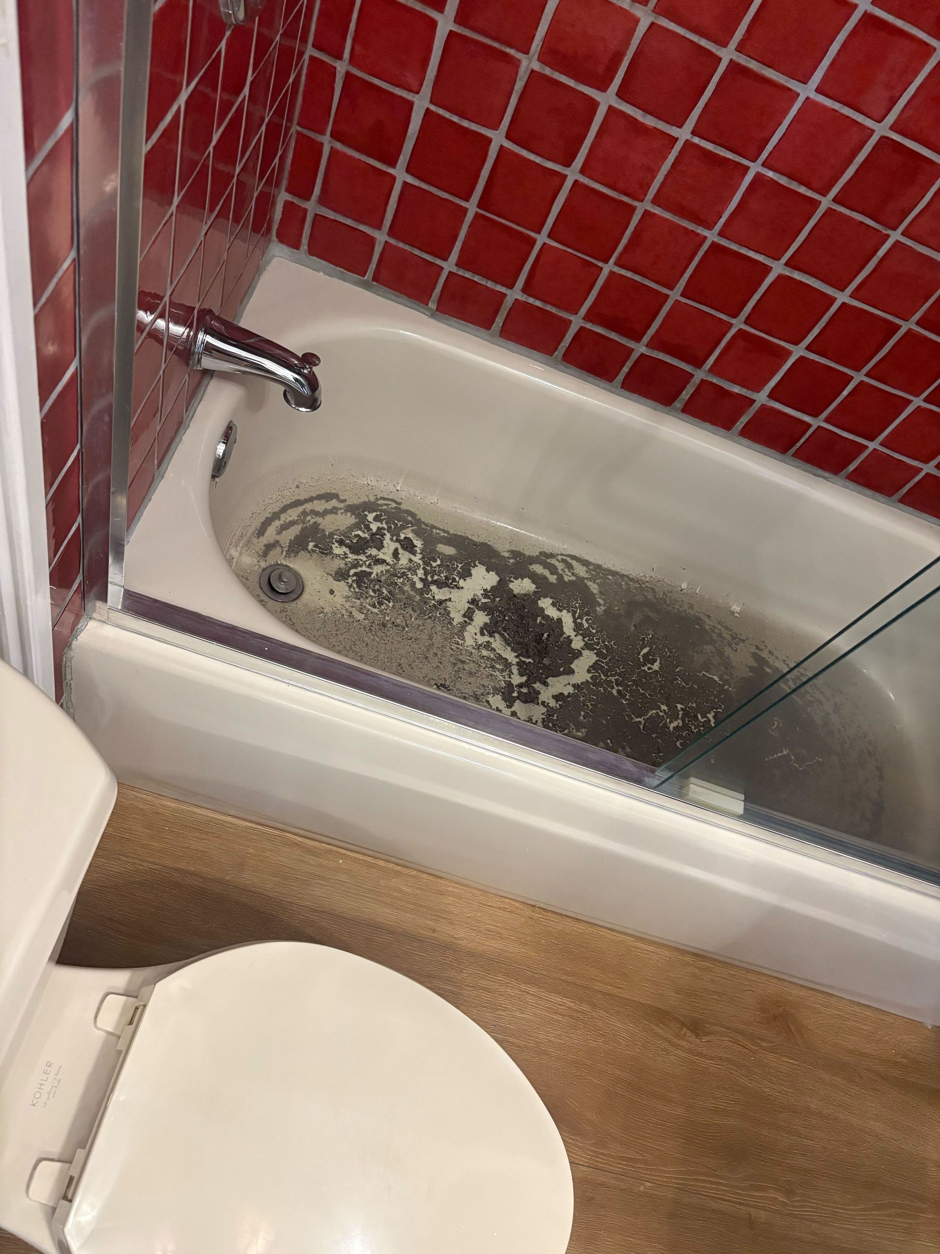 Dirty bathtub with murky water and red tile walls next to a toilet in a bathroom