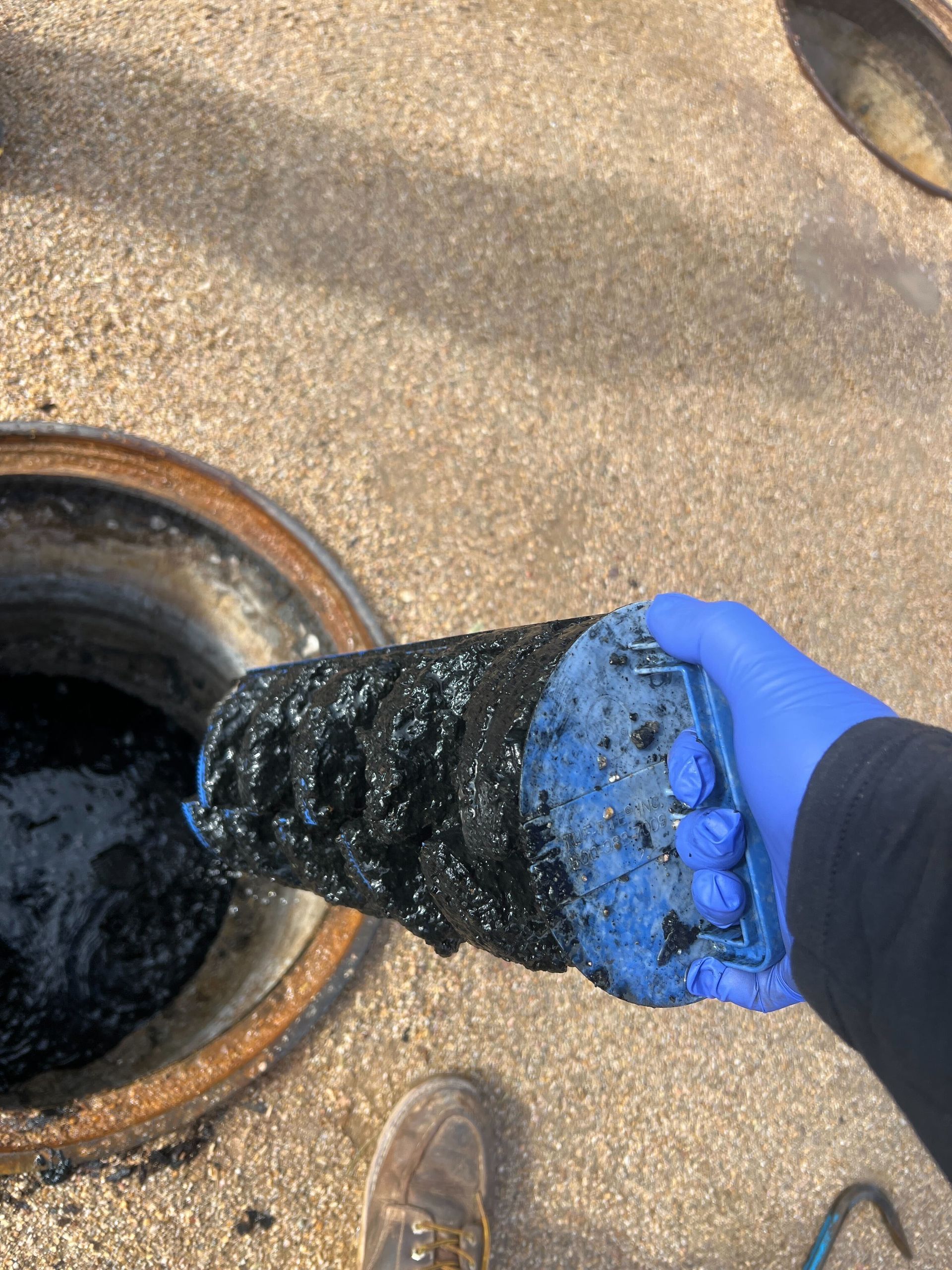 Gloved hand holding a wet, black debris-covered chunk over an open manhole on pavement