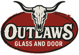 Outlaws Glass and Door logo with a steer skull over red oval and text.