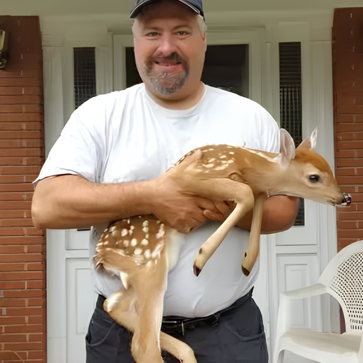 A man is holding a baby deer in his hands