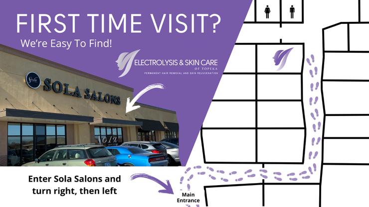 Wayfinding graphic for first-time visitors to Electrolysis & Skin Care of Topeka, located inside Sola Salons.