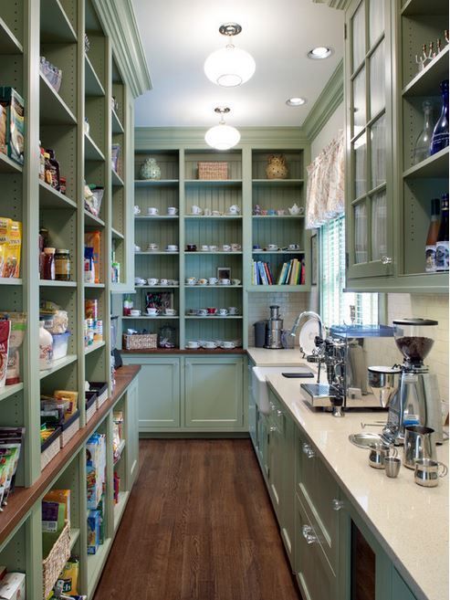 Green-painted pantry with shelves filled with food and dishes, a counter with coffee equipment, and hardwood floors.
