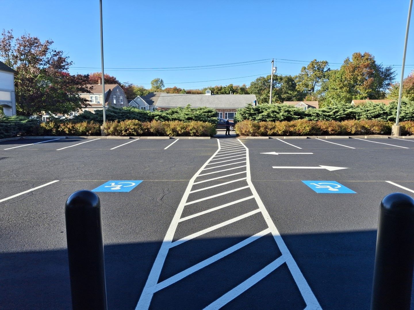 Accessible parking spaces in a lot, with painted walkway and trees in the background