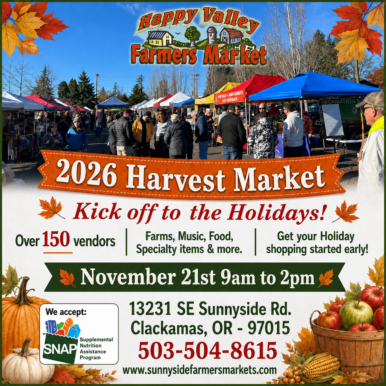 2026 Harvest Market flyer with tents, pumpkins, vendors, date, time, and Clackamas address