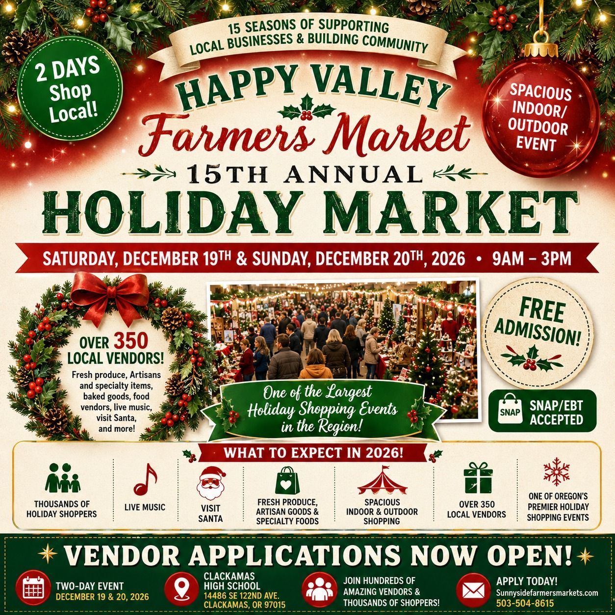Happy Valley Farmers’ Market Holiday Market poster with dates, vendors, free admission, and festive holiday graphics
