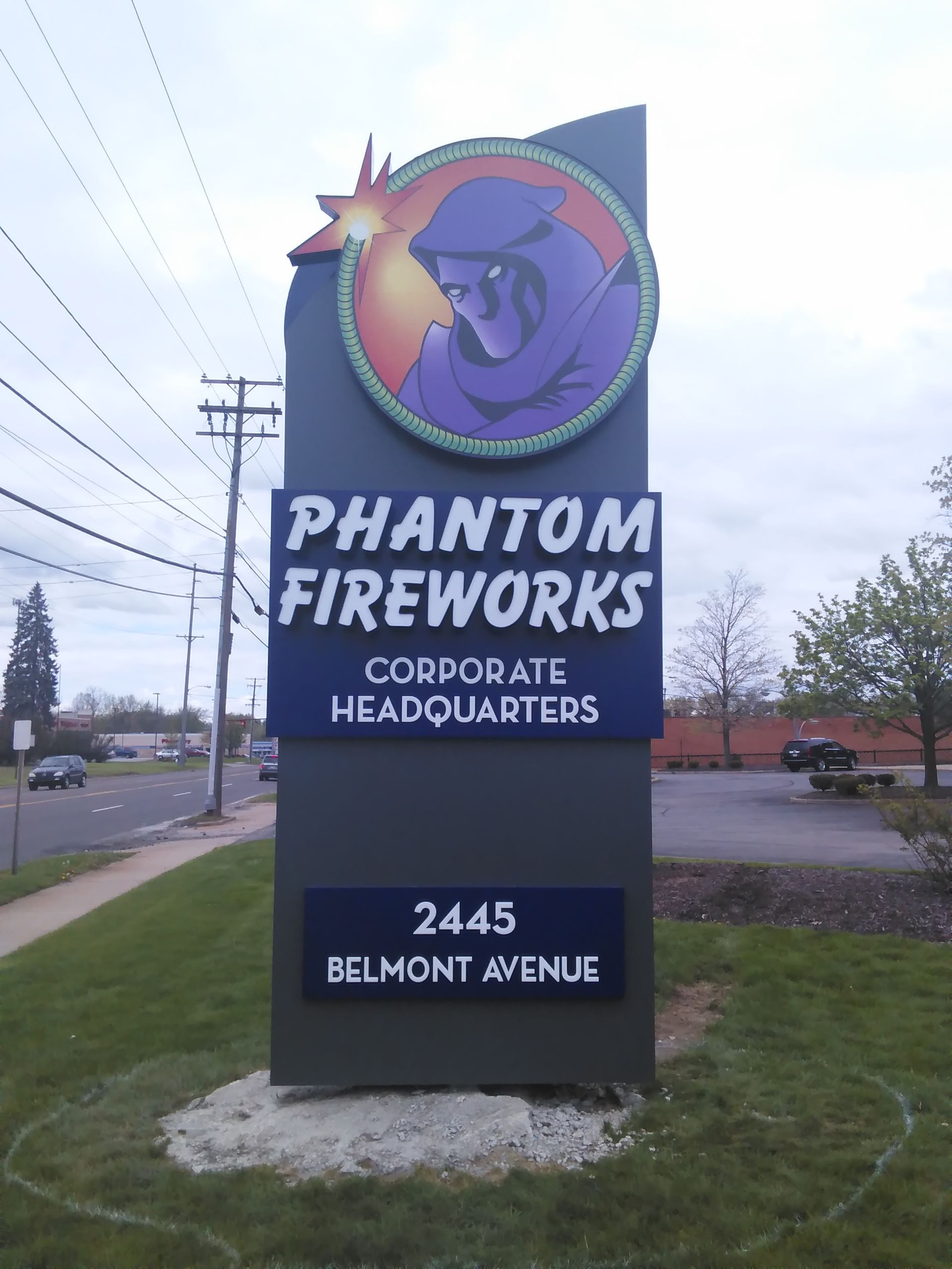 a sign for phantom fireworks corporate headquarters