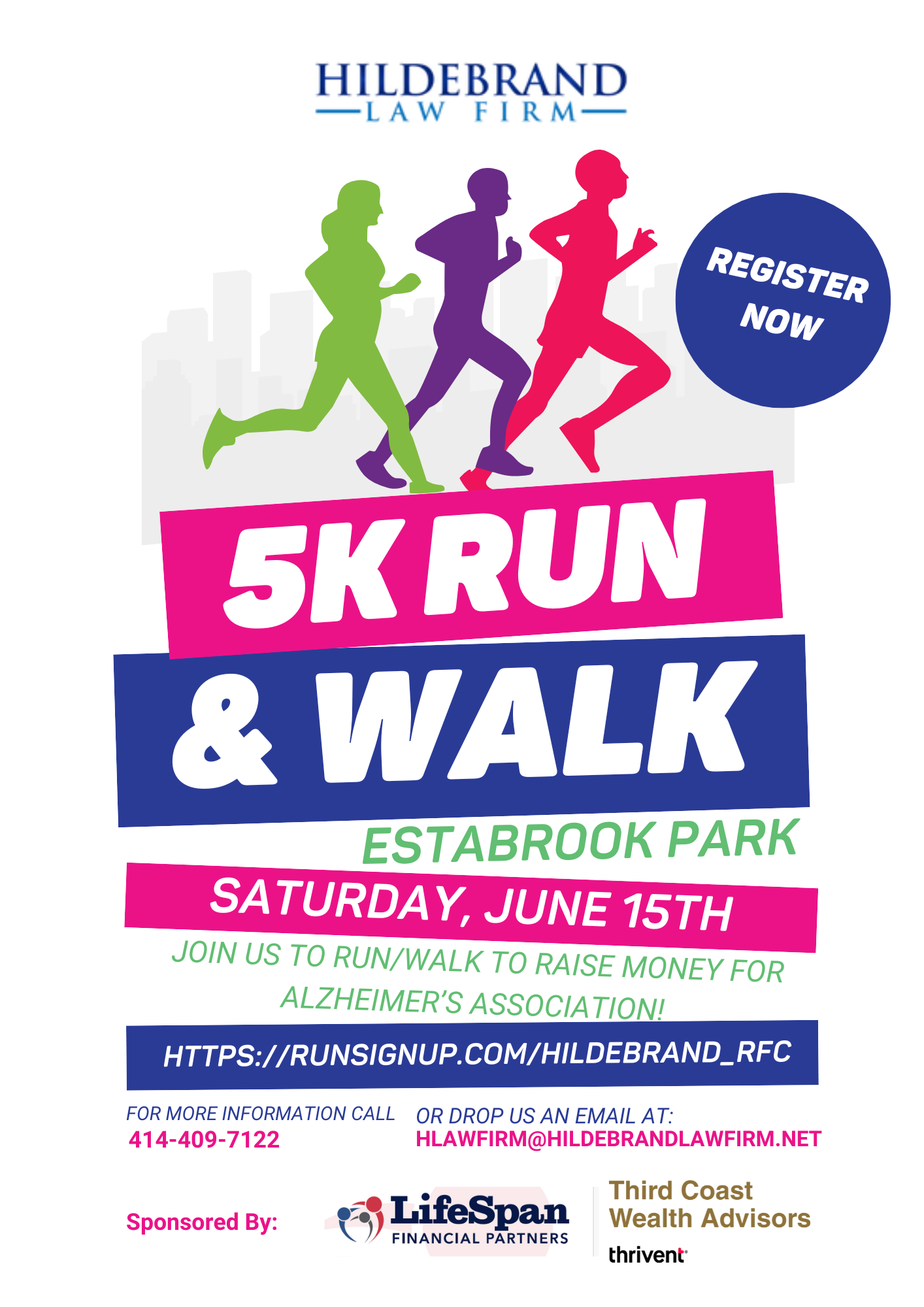 A poster for a 5k run and walk on Saturday, June 15th.