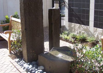 A park with a bench and a fountain in the middle