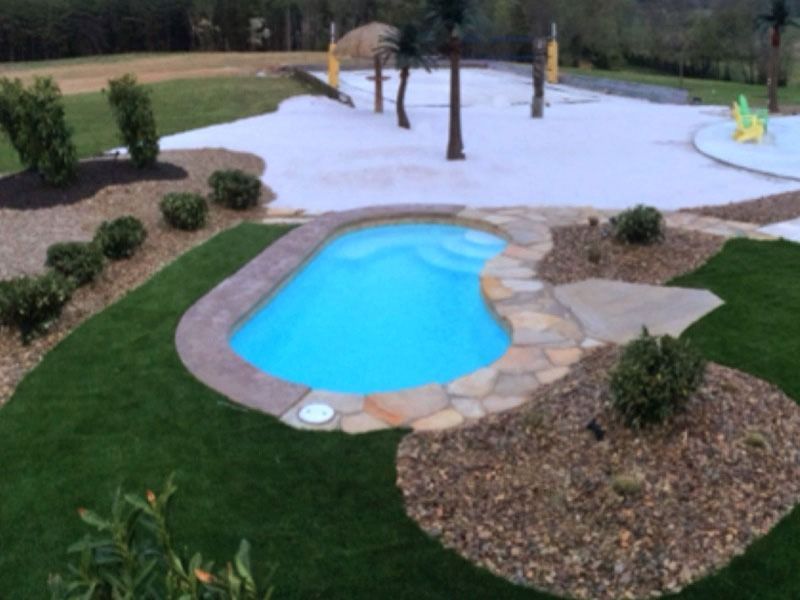 Backyard pool with bright blue water, stone coping, and a snow-covered patio with palm trees.