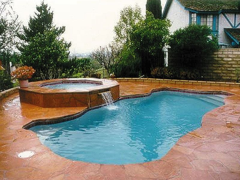 Backyard swimming pool with a circular hot tub and stone patio surrounded by trees and shrubs
