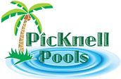 Picknell Pools logo with palm tree and blue water ripples