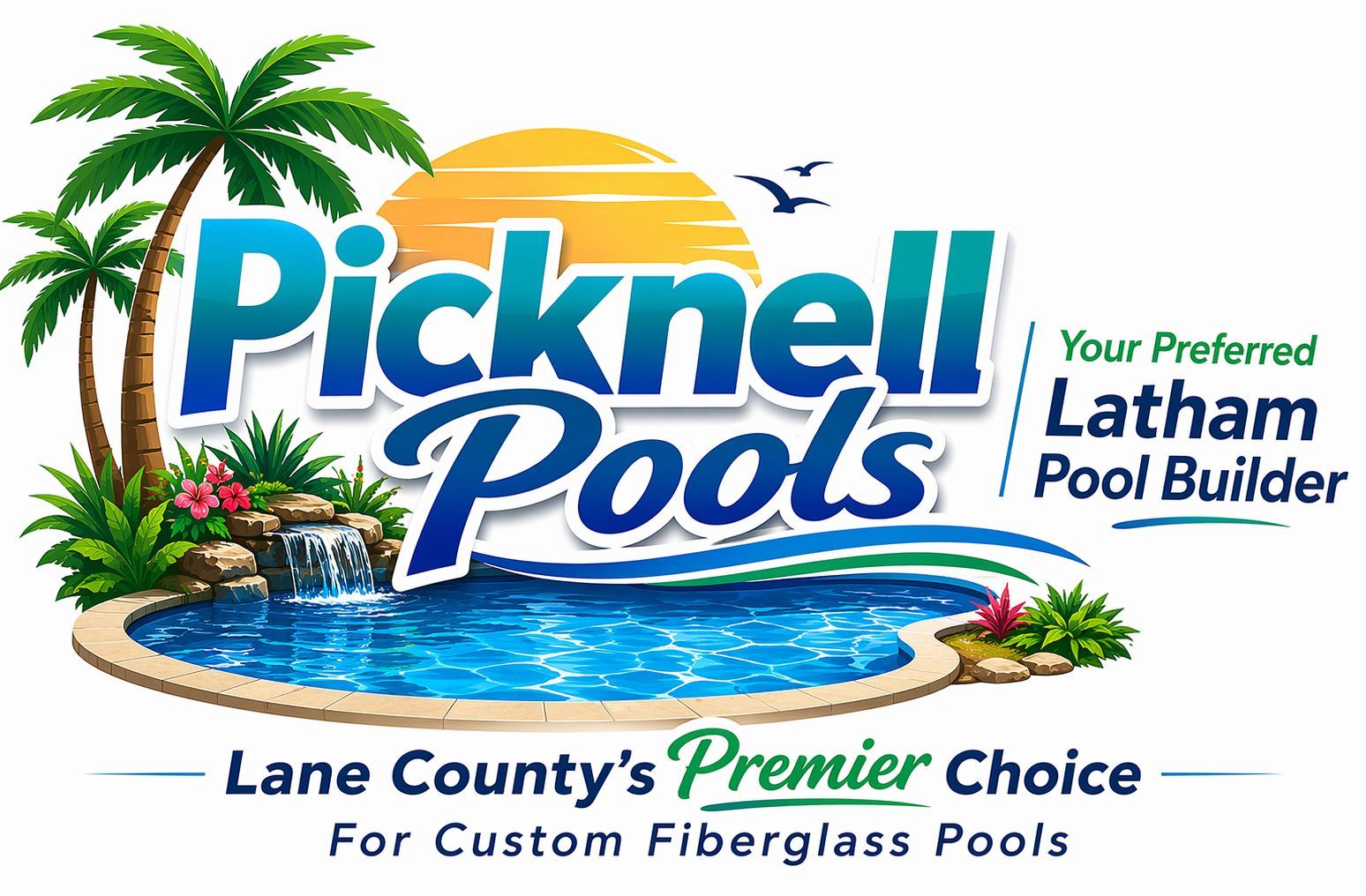 Picknell Pools logo with palm tree and blue water ripples